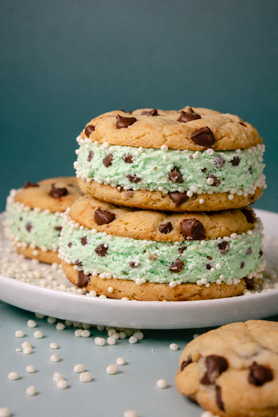 Mint chocolate chip ice cream sandwiches made with chocolate chip cookies, rolled in LIFTER Crispies