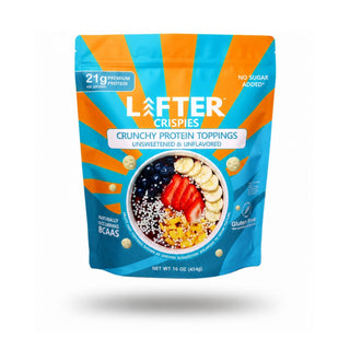 LIFTER Crispies crunchy protein puffs bag with customer review highlights